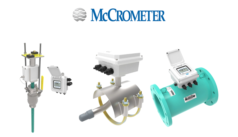 McCrometer electromagnetic flow meters: insertion mag meter with ProComm display, saddle mount meter, and UltraMag full-bore flow meter