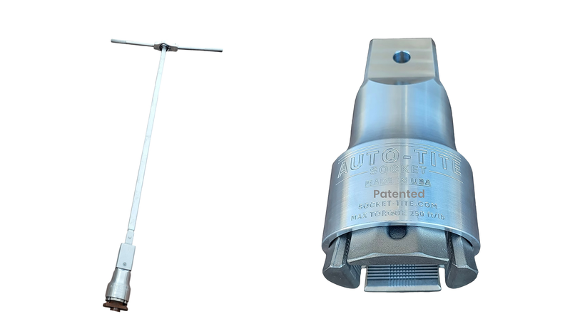 Socket-Tite Auto-Tite Rounded Nut Socket with T-handle valve key and close-up of the self-tightening quick-change jaws
